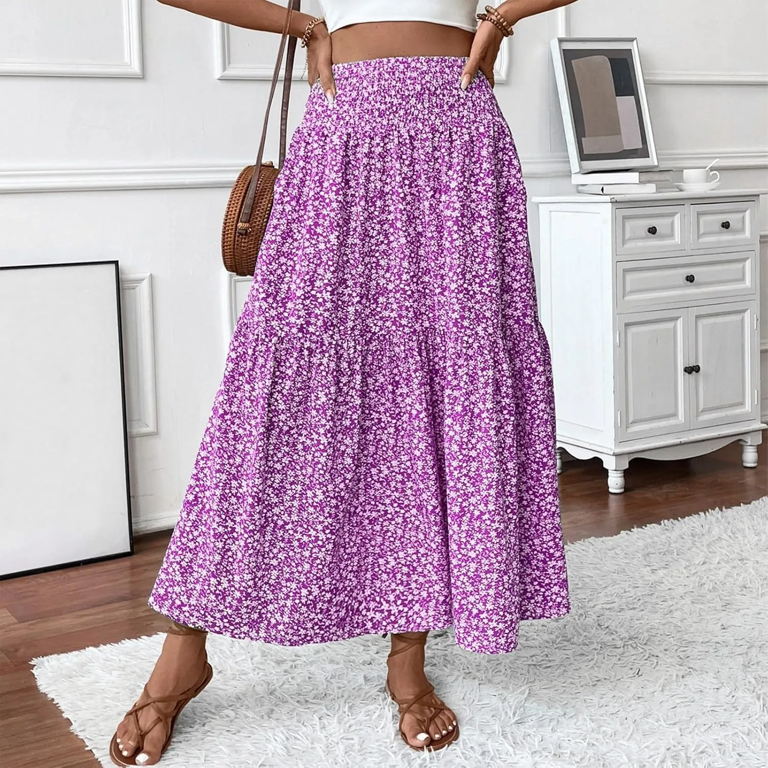Floral Pleated Skirts for Women Midi Length Summer Casual Boho High Waisted Flowy Plus Size Tiered A Line Skirt