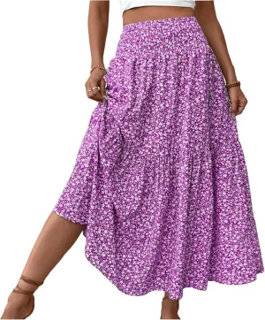 Floral Pleated Skirts for Women Midi Length Summer Casual Boho High Waisted Flowy Plus Size Tiered A Line Skirt
