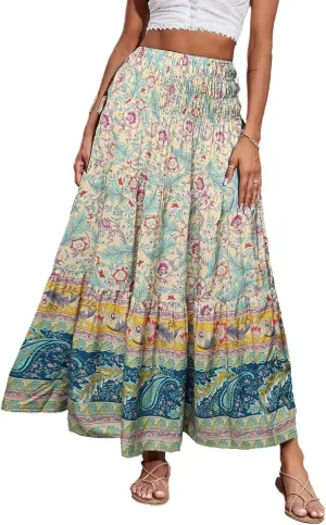 Floral Pleated Skirts for Women Midi Length Summer Casual Boho High Waisted Flowy Plus Size Tiered A Line Skirt