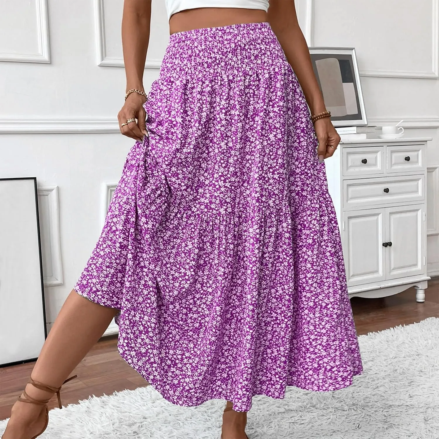 Floral Pleated Skirts for Women Midi Length Summer Casual Boho High Waisted Flowy Plus Size Tiered A Line Skirt