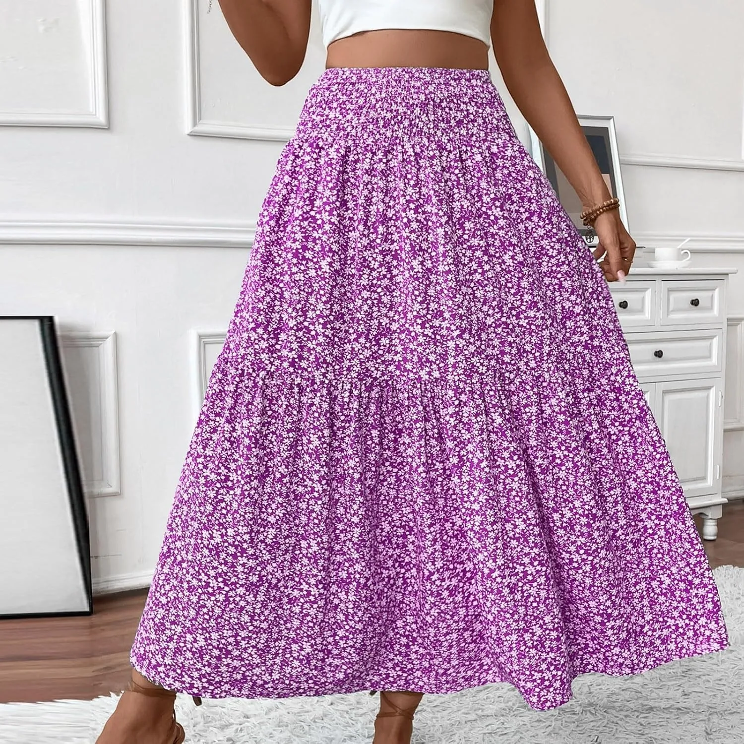 Floral Pleated Skirts for Women Midi Length Summer Casual Boho High Waisted Flowy Plus Size Tiered A Line Skirt
