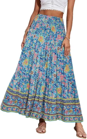 Floral Pleated Skirts for Women Midi Length Summer Casual Boho High Waisted Flowy Plus Size Tiered A Line Skirt