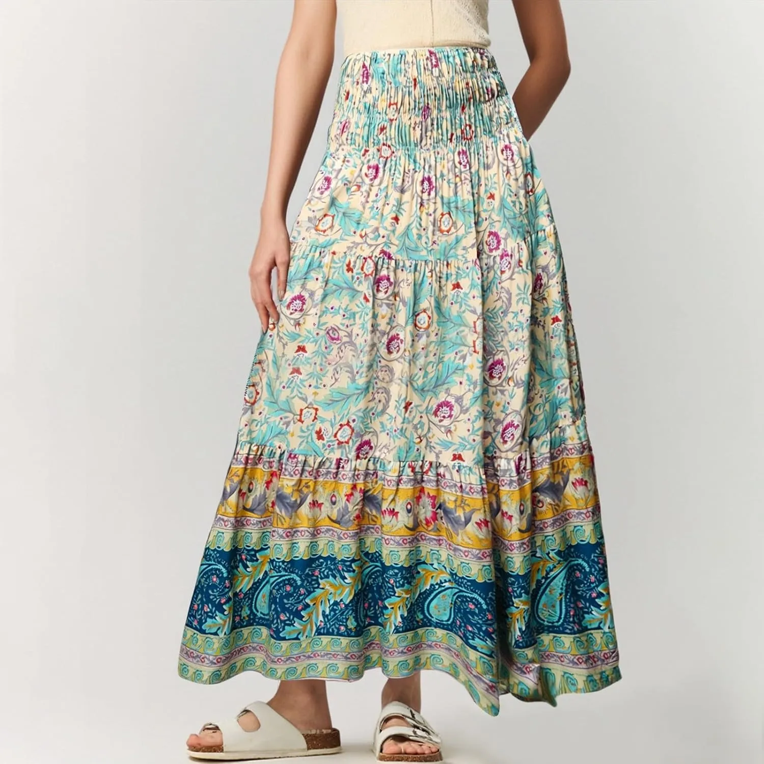 Floral Pleated Skirts for Women Midi Length Summer Casual Boho High Waisted Flowy Plus Size Tiered A Line Skirt