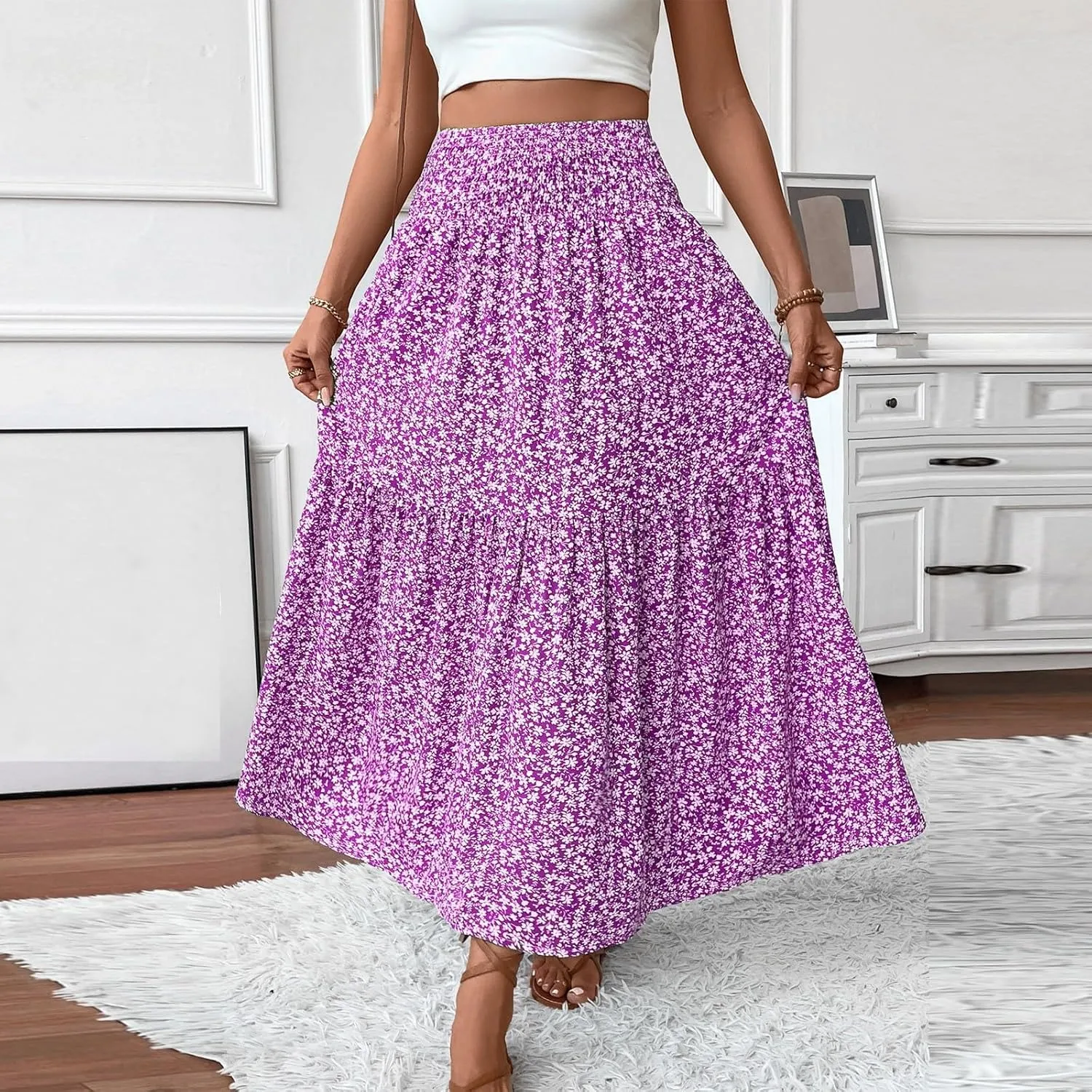 Floral Pleated Skirts for Women Midi Length Summer Casual Boho High Waisted Flowy Plus Size Tiered A Line Skirt