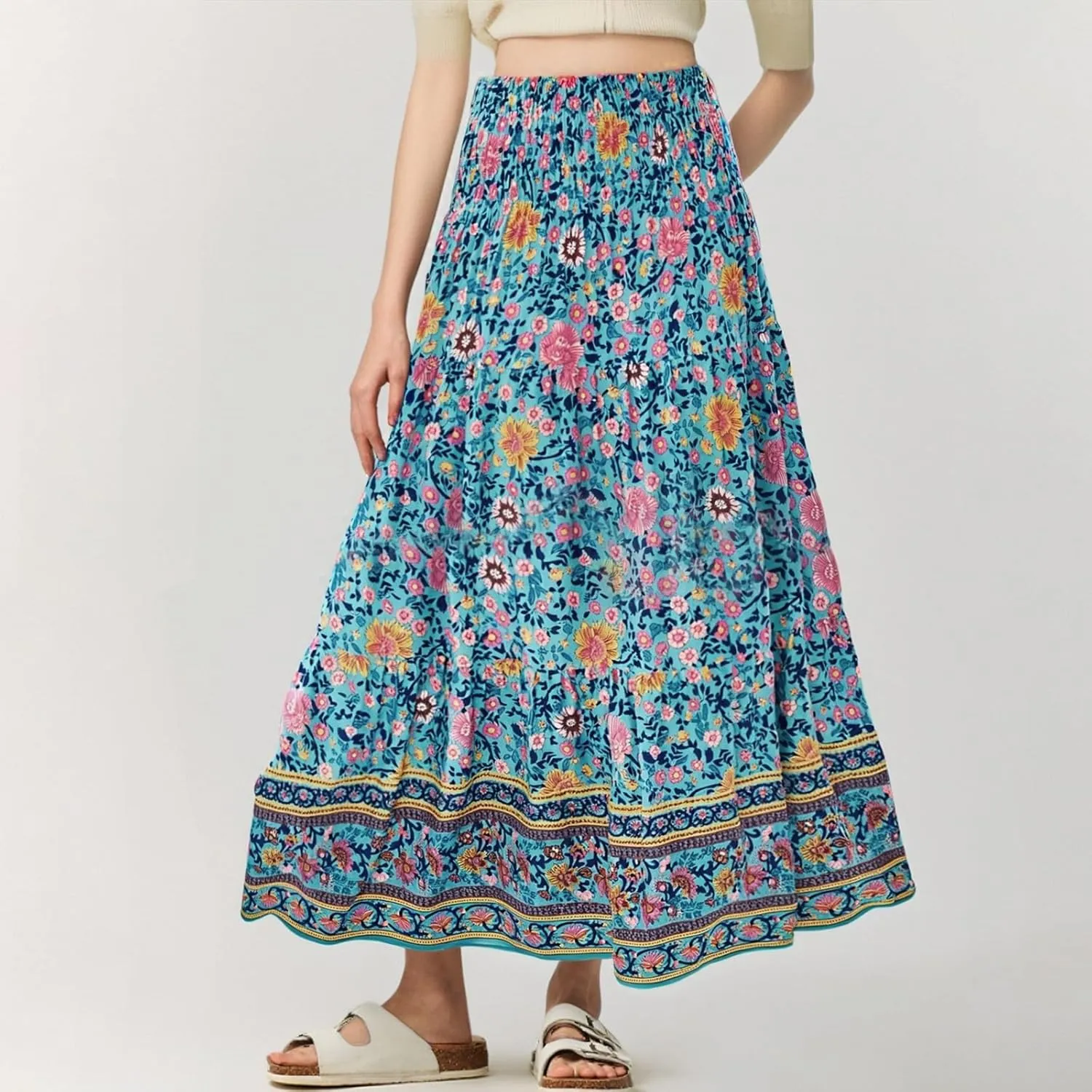 Floral Pleated Skirts for Women Midi Length Summer Casual Boho High Waisted Flowy Plus Size Tiered A Line Skirt