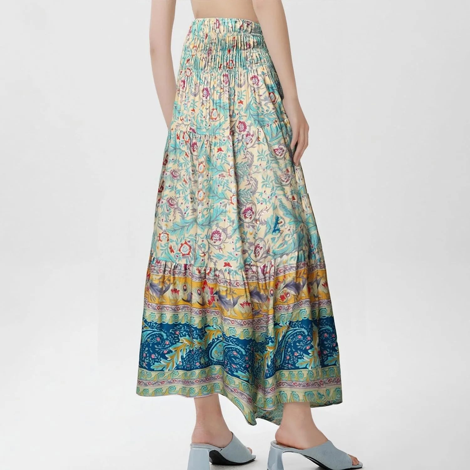 Floral Pleated Skirts for Women Midi Length Summer Casual Boho High Waisted Flowy Plus Size Tiered A Line Skirt