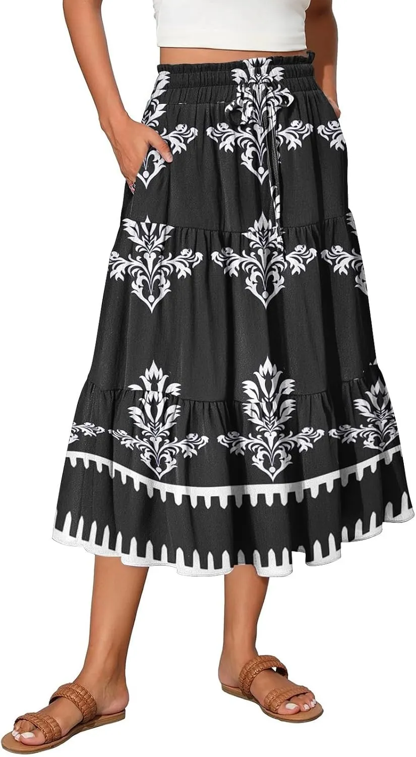 Flowy Floral Midi Skirts for Women Trendy Summer Casual High Waisted Plus Size Long Boho Beach Skirt with Pockets