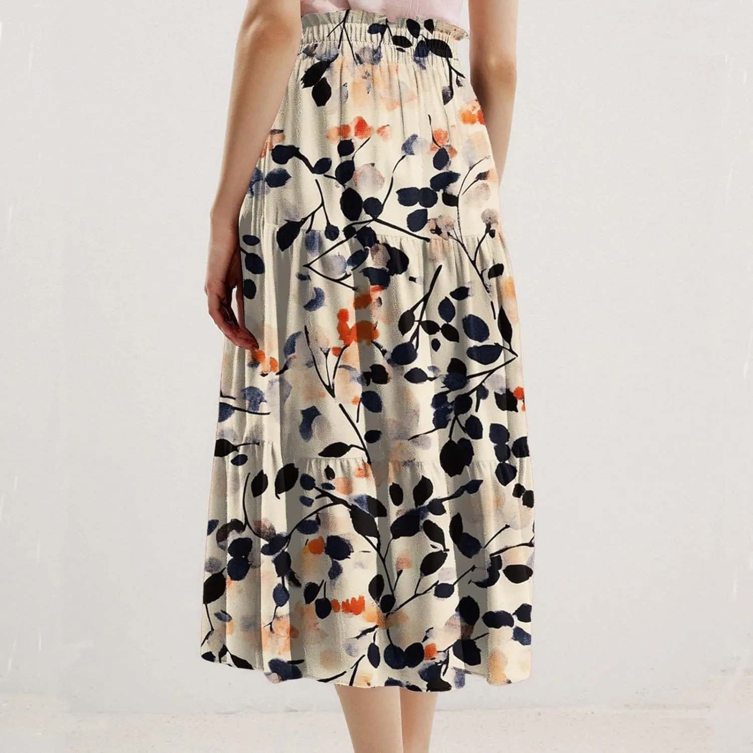 Flowy Midi Skirts for Women 2025 Summer Casual Floral High Waisted Plus Size Long Boho Work Skirt with Pockets