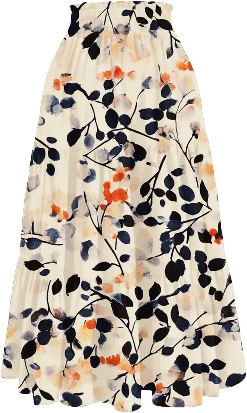 Flowy Midi Skirts for Women 2025 Summer Casual Floral High Waisted Plus Size Long Boho Work Skirt with Pockets