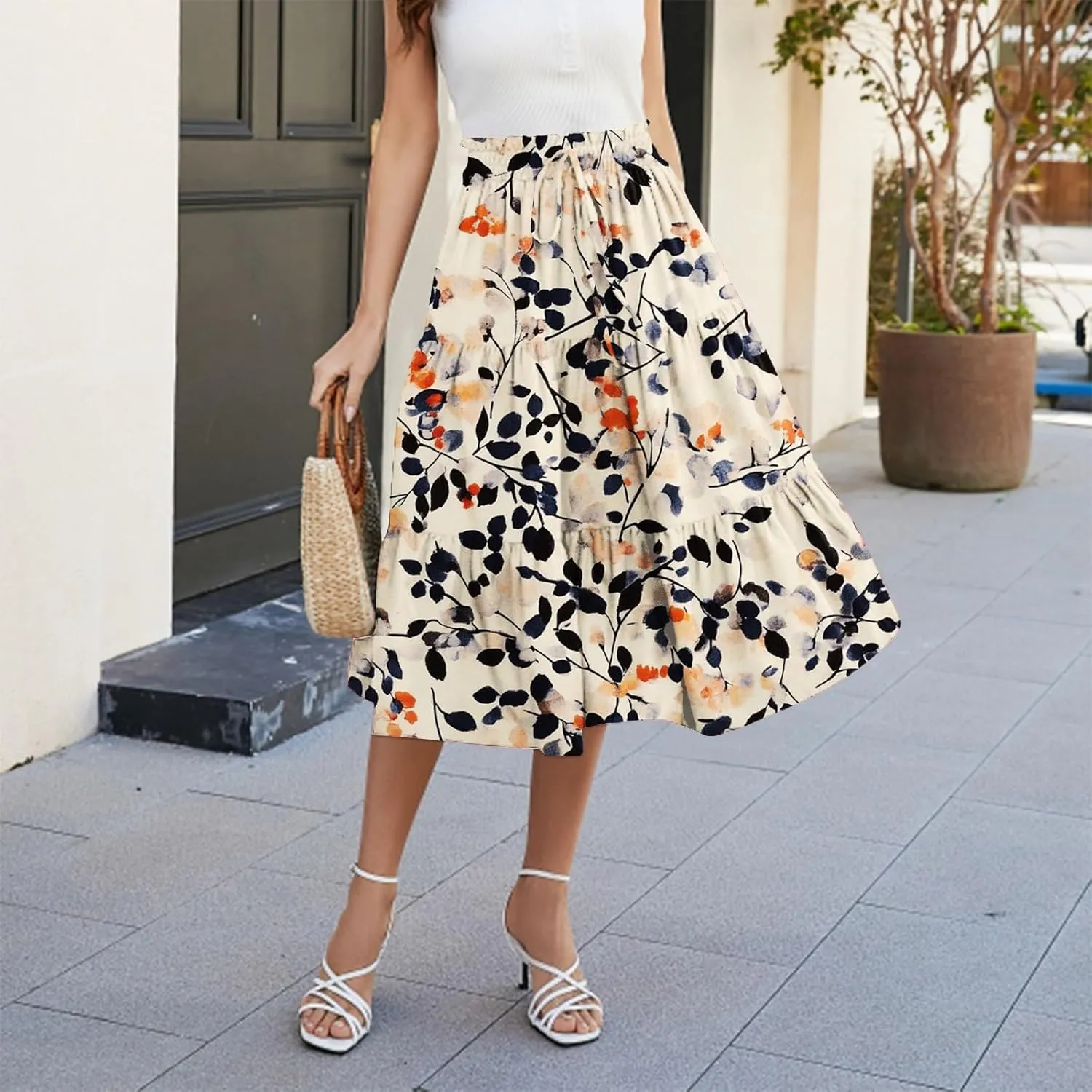 Flowy Midi Skirts for Women 2025 Summer Casual Floral High Waisted Plus Size Long Boho Work Skirt with Pockets