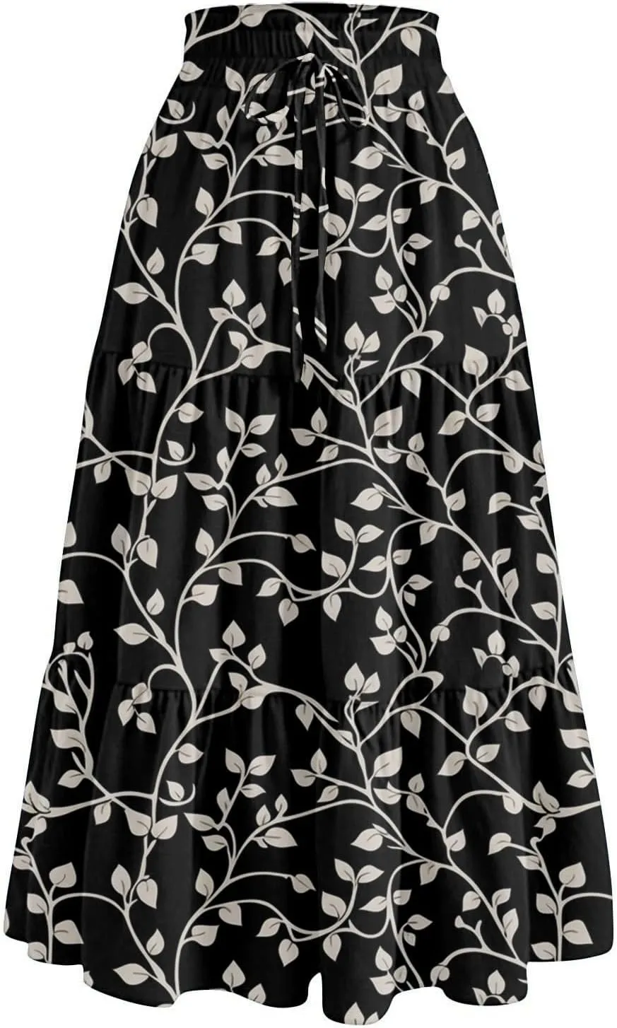 Flowy Midi Skirts for Women 2025 Summer Casual Floral High Waisted Plus Size Long Boho Work Skirt with Pockets