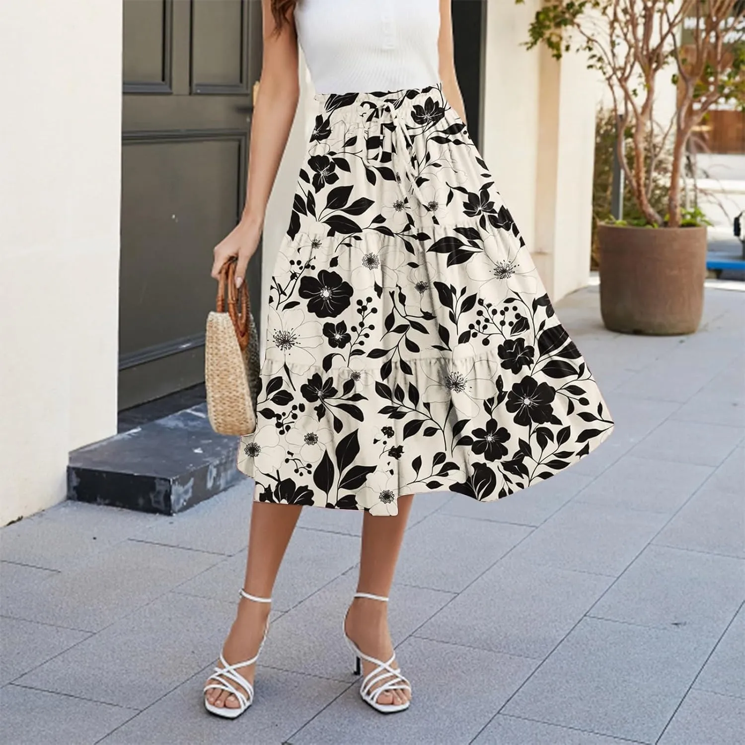 Flowy Midi Skirts for Women 2025 Summer Casual Floral High Waisted Plus Size Long Boho Work Skirt with Pockets