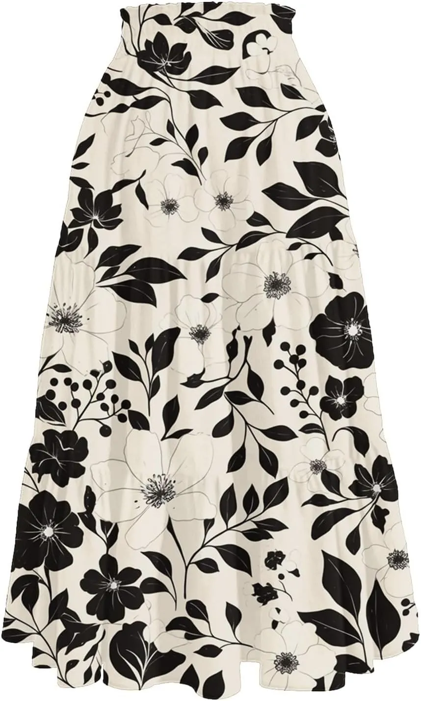 Flowy Midi Skirts for Women 2025 Summer Casual Floral High Waisted Plus Size Long Boho Work Skirt with Pockets