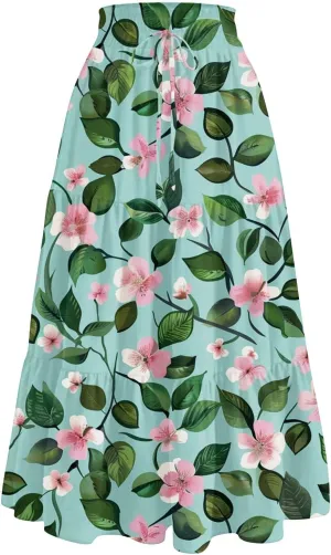 Flowy Midi Skirts for Women 2025 Summer Casual Floral High Waisted Plus Size Long Boho Work Skirt with Pockets