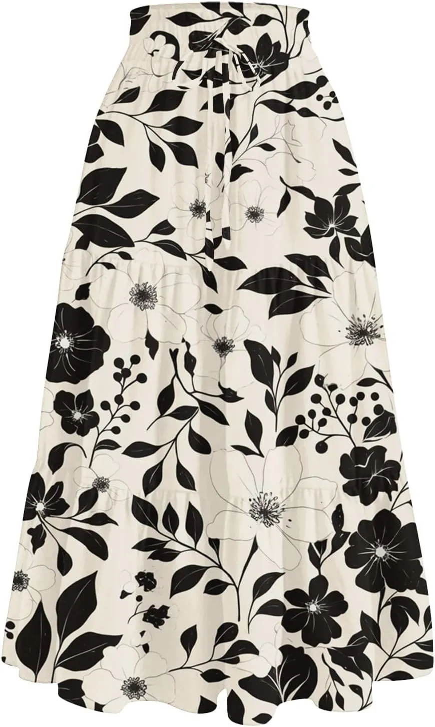 Flowy Midi Skirts for Women 2025 Summer Casual Floral High Waisted Plus Size Long Boho Work Skirt with Pockets