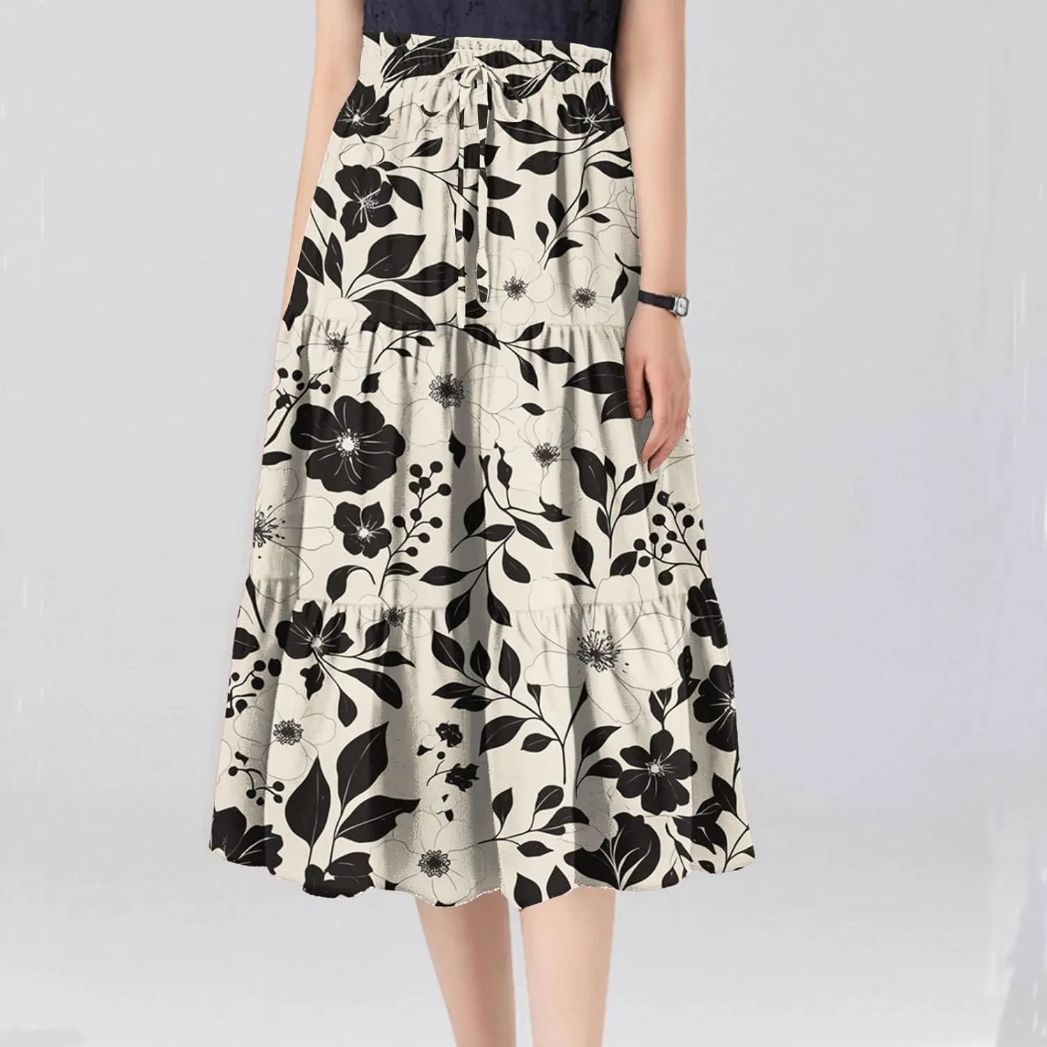 Flowy Midi Skirts for Women 2025 Summer Casual Floral High Waisted Plus Size Long Boho Work Skirt with Pockets