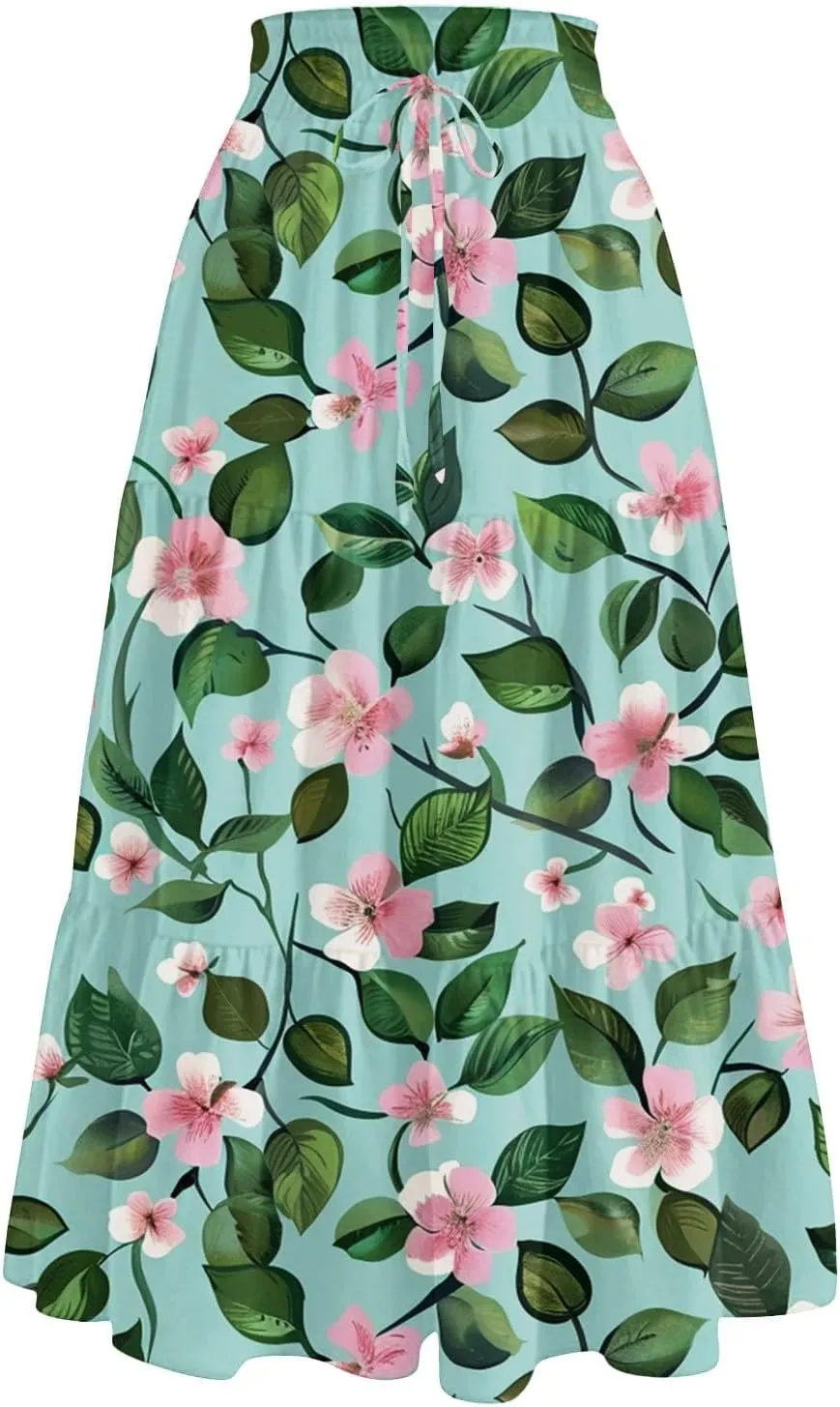 Flowy Midi Skirts for Women 2025 Summer Casual Floral High Waisted Plus Size Long Boho Work Skirt with Pockets