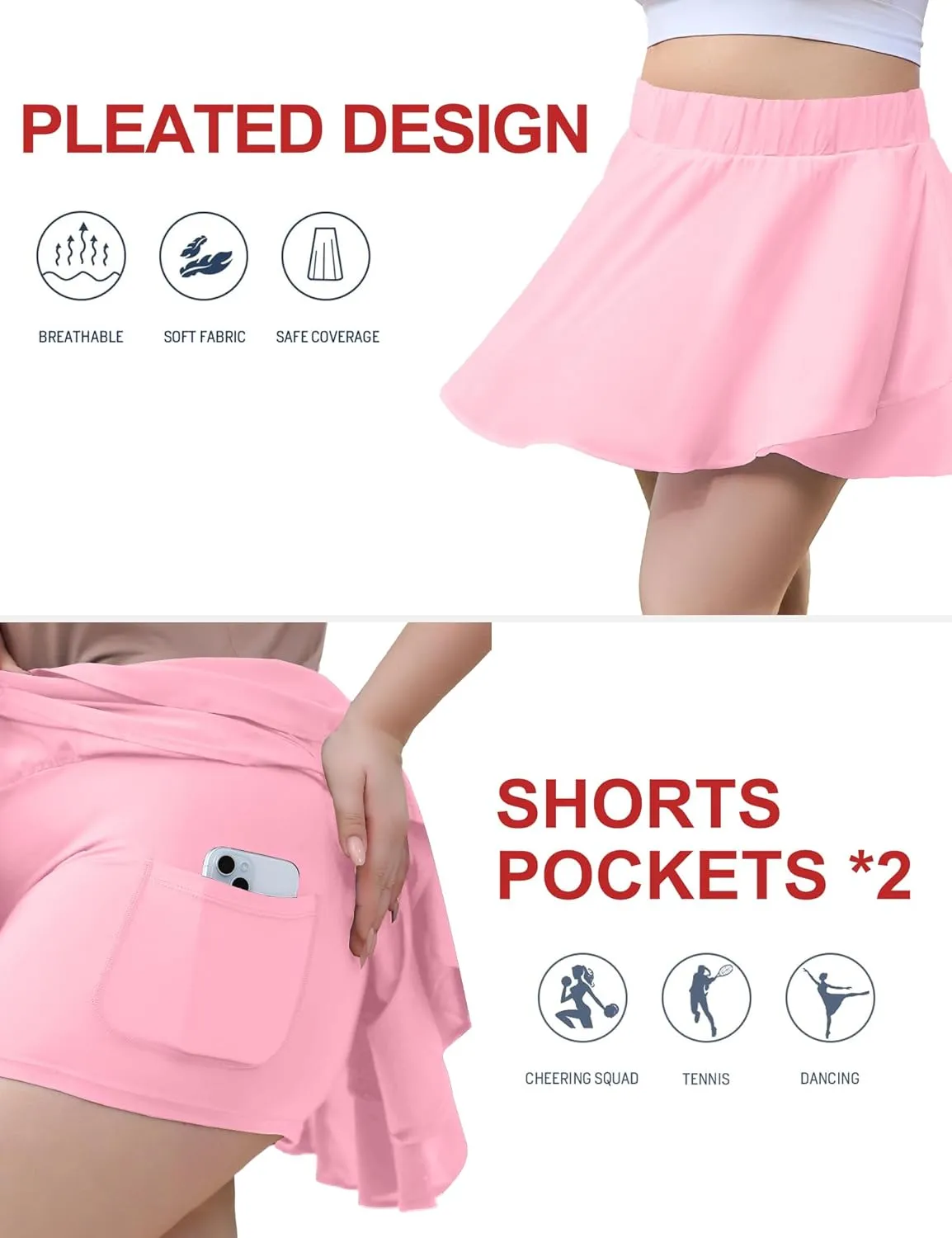 FOREYOND Plus Size Skirt for Curvy Women Pleated Flowy Tennis Skirts with Shorts High Waisted Golf Skorts Workout