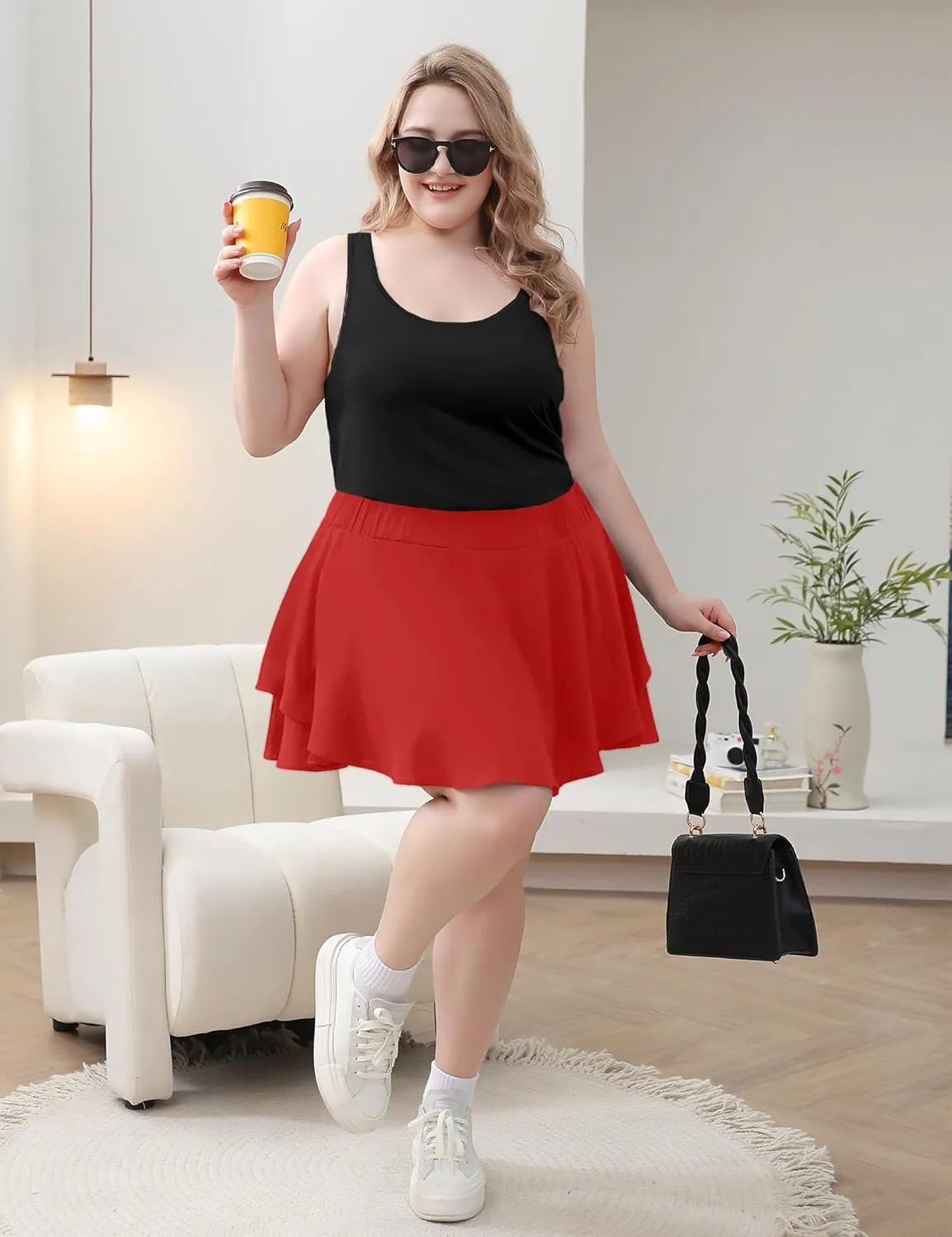FOREYOND Plus Size Skirt for Curvy Women Pleated Flowy Tennis Skirts with Shorts High Waisted Golf Skorts Workout