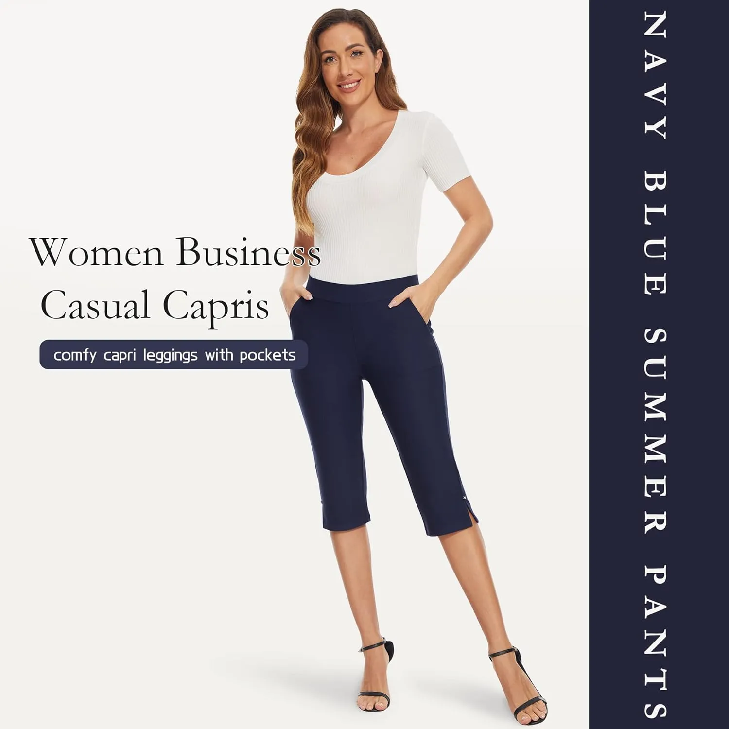 Ginasy Capri Pants for Women Casual Summer Dressy Pull On Stretch High Waisted Crop Work Leggings with Pockets