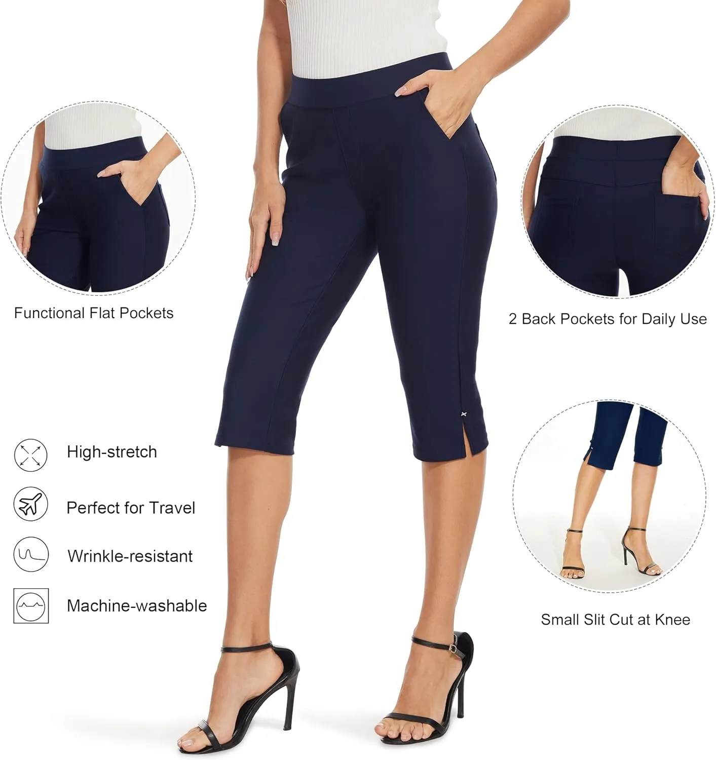 Ginasy Capri Pants for Women Casual Summer Dressy Pull On Stretch High Waisted Crop Work Leggings with Pockets