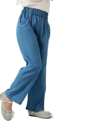 Girls Pants with Pockets Pull On Lightweight Bell Bottoms Straight Leg Baggy Jeans for Girls Flare School Pants