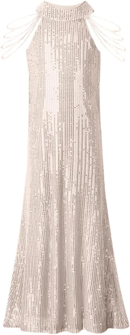 Girls Sequin Dress Halter Neck Hand-Beaded Tassel Elegant Birthday Wedding Party Maxi Dresses