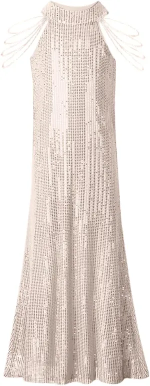 Girls Sequin Dress Halter Neck Hand-Beaded Tassel Elegant Birthday Wedding Party Maxi Dresses