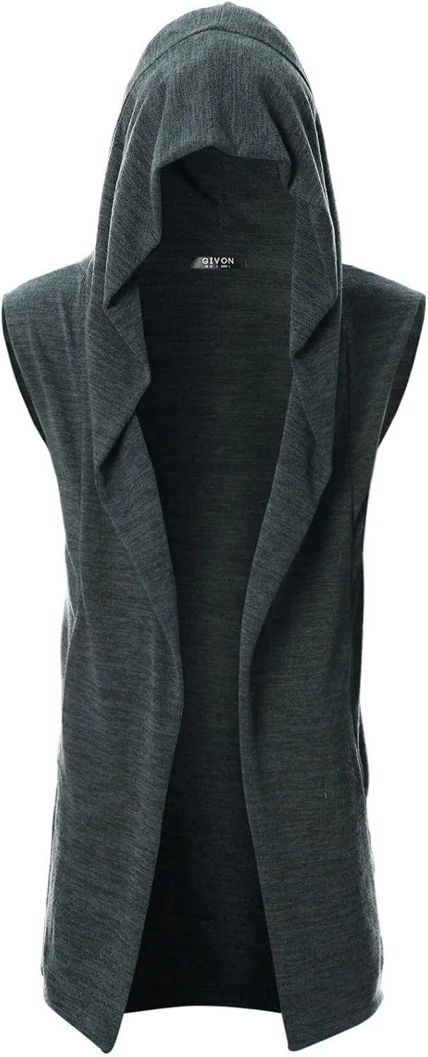 GIVON Mens Sleeveless Ruffle Shawl Collar Cardigan Lightweight Long Hooded Vest Sweater