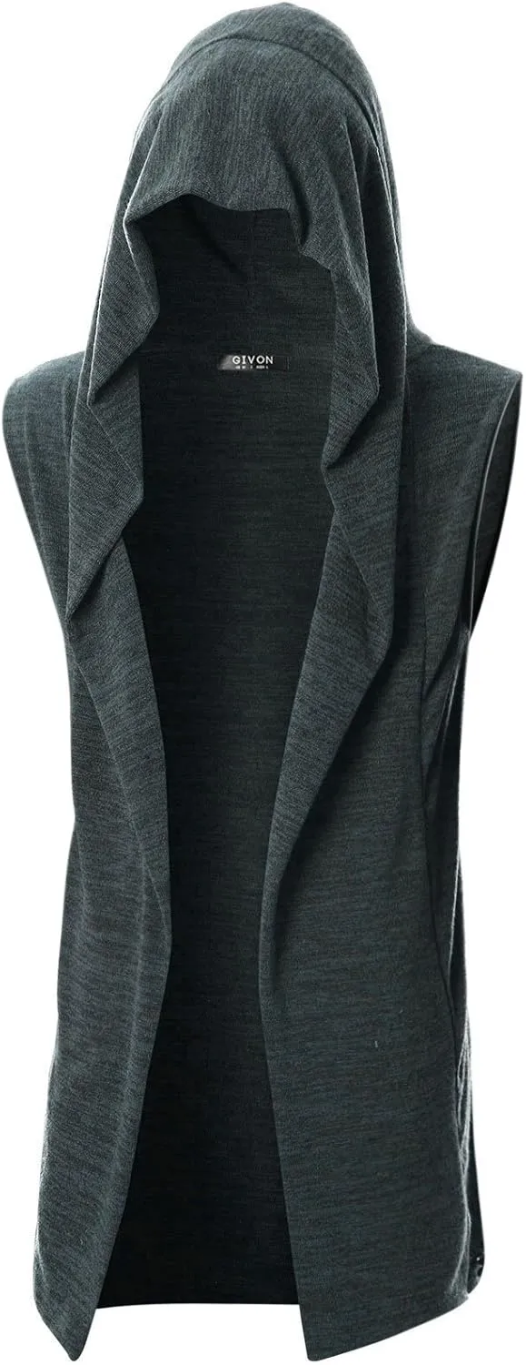 GIVON Mens Sleeveless Ruffle Shawl Collar Cardigan Lightweight Long Hooded Vest Sweater