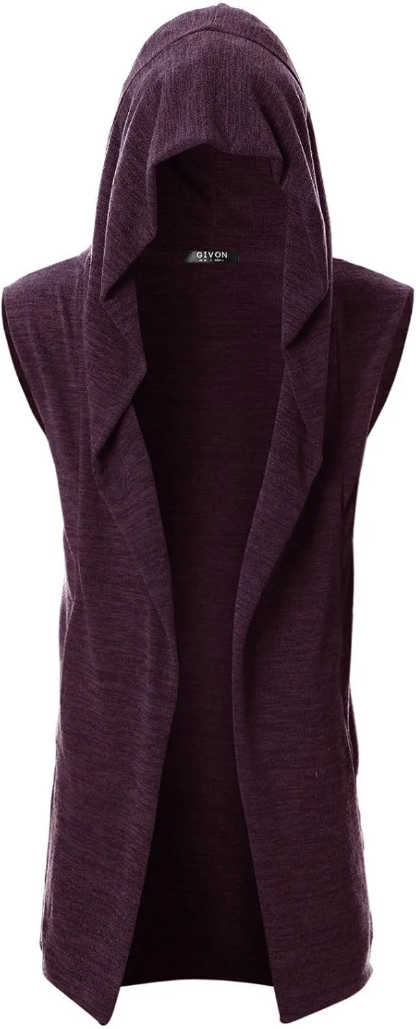 GIVON Mens Sleeveless Ruffle Shawl Collar Cardigan Lightweight Long Hooded Vest Sweater