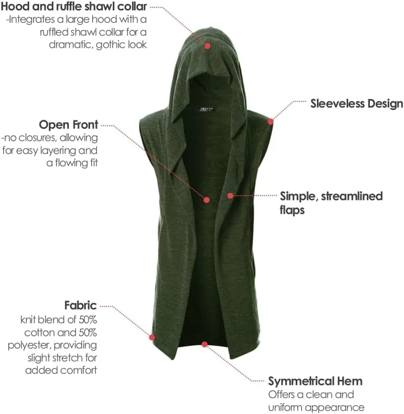 GIVON Mens Sleeveless Ruffle Shawl Collar Cardigan Lightweight Long Hooded Vest Sweater