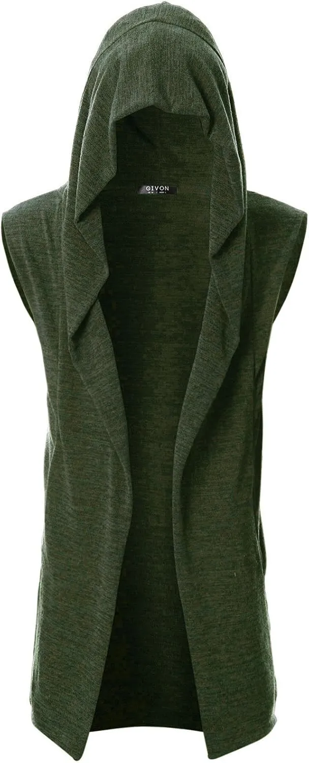 GIVON Mens Sleeveless Ruffle Shawl Collar Cardigan Lightweight Long Hooded Vest Sweater