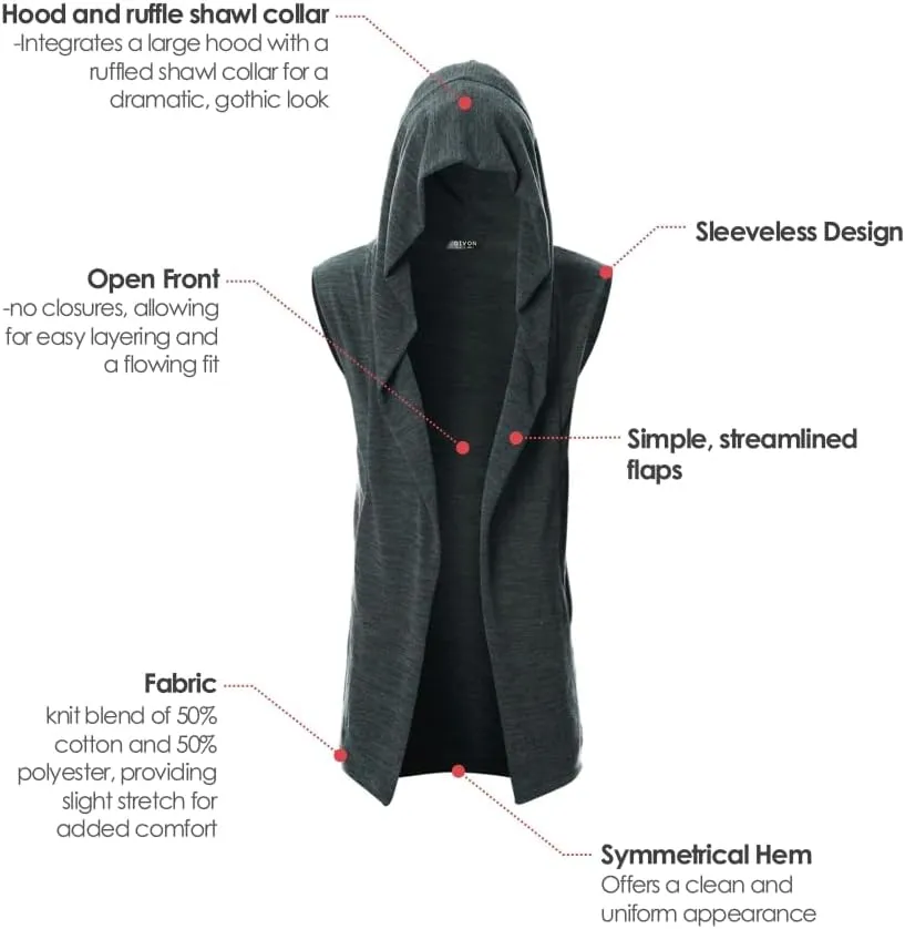 GIVON Mens Sleeveless Ruffle Shawl Collar Cardigan Lightweight Long Hooded Vest Sweater
