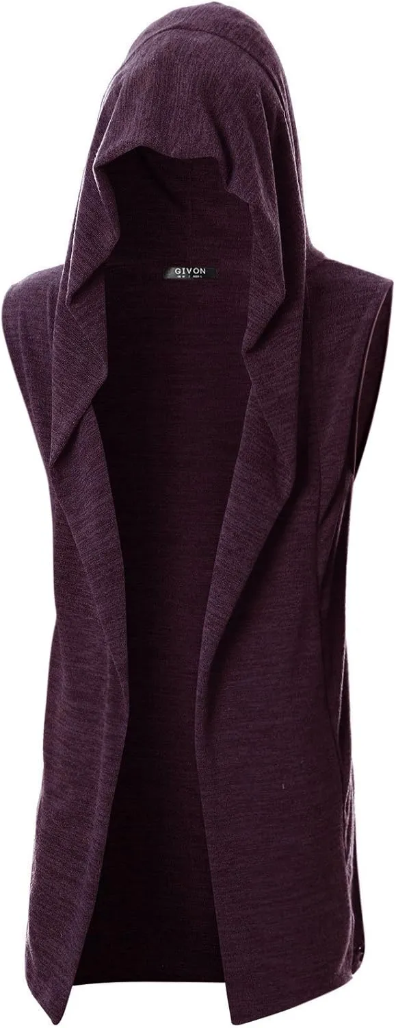 GIVON Mens Sleeveless Ruffle Shawl Collar Cardigan Lightweight Long Hooded Vest Sweater