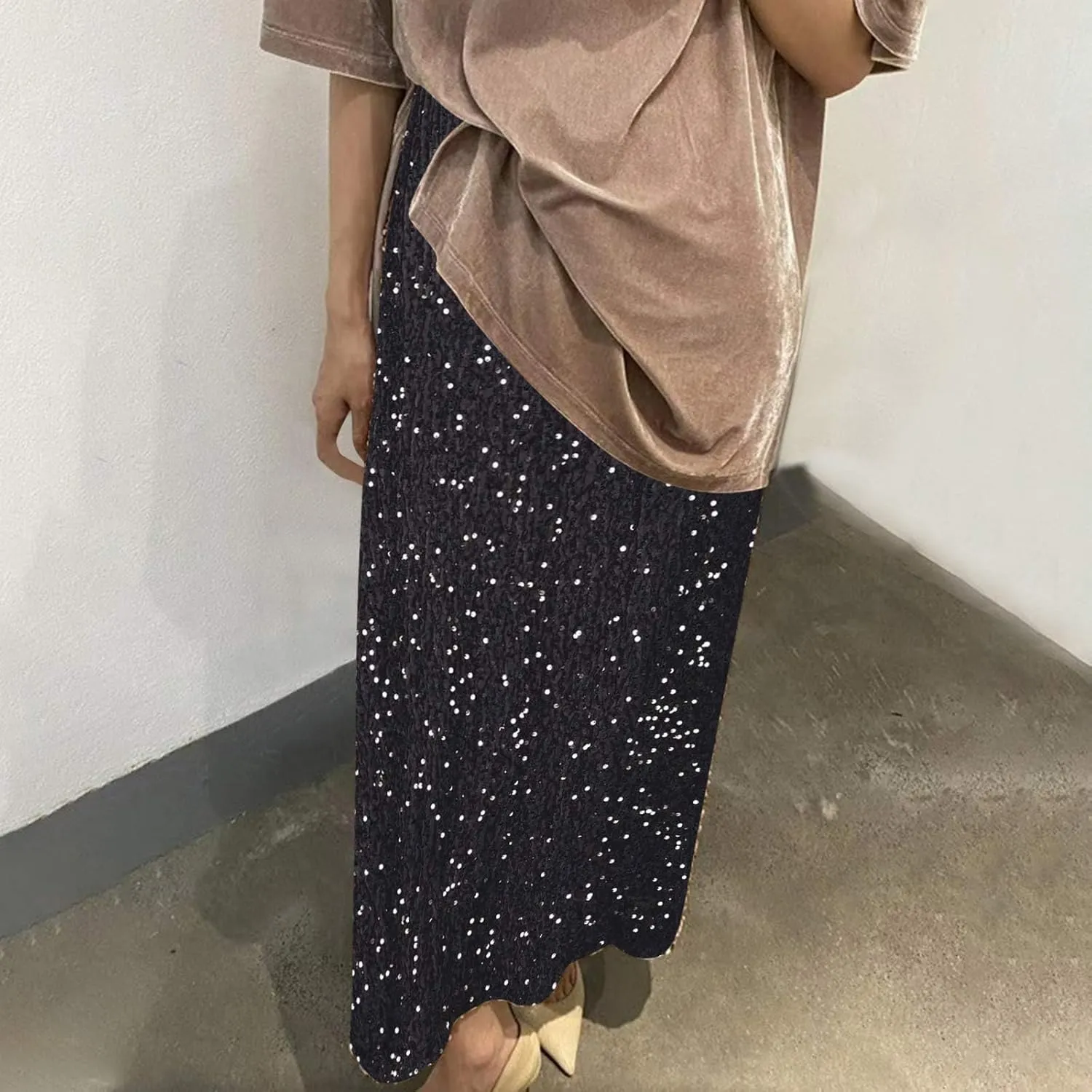 Glitter Sequin Long Skirt for Women Trendy Elastic High Waist Cocktail Party Skirts Fashion Sparkly A Line Skirts
