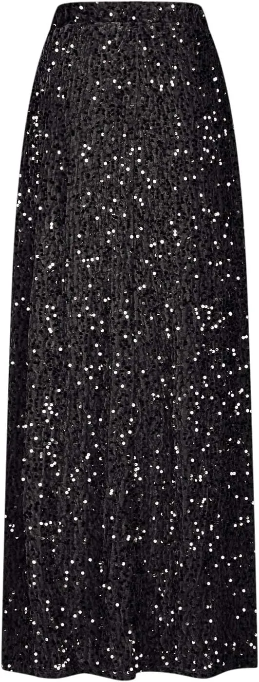 Glitter Sequin Long Skirt for Women Trendy Elastic High Waist Cocktail Party Skirts Fashion Sparkly A Line Skirts