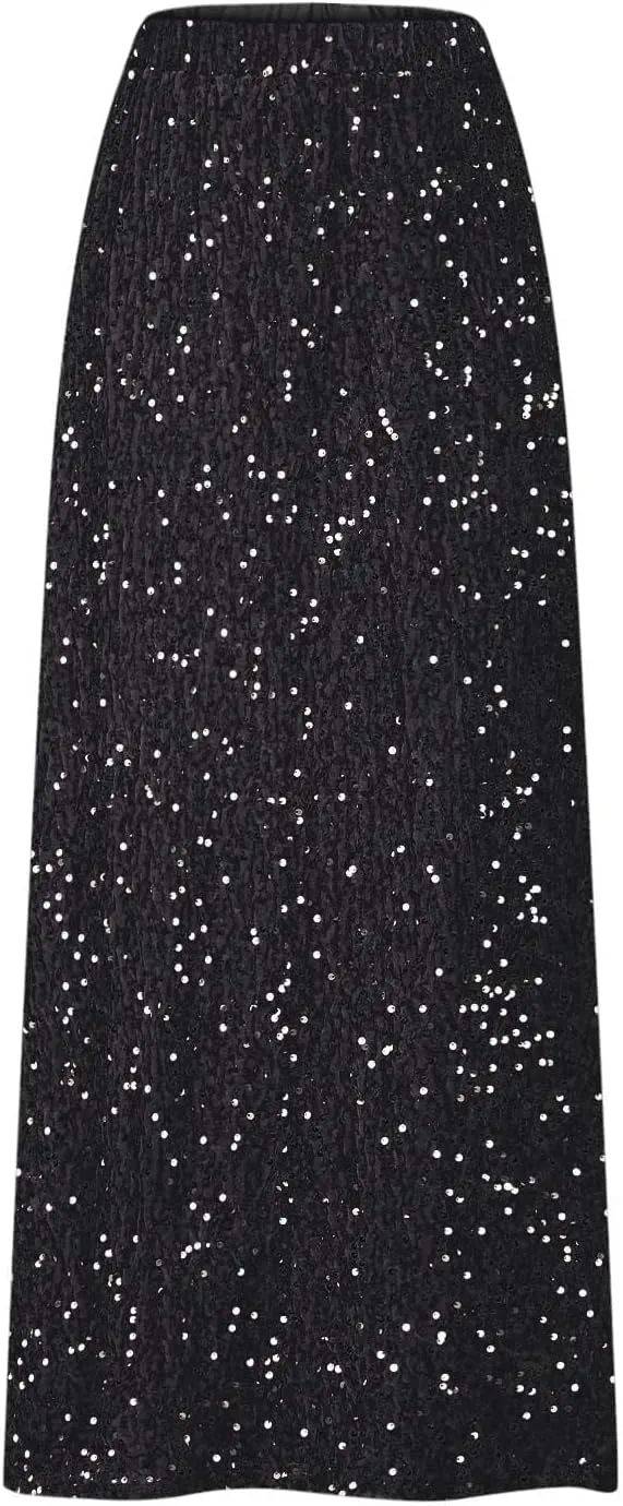 Glitter Sequin Long Skirt for Women Trendy Elastic High Waist Cocktail Party Skirts Fashion Sparkly A Line Skirts