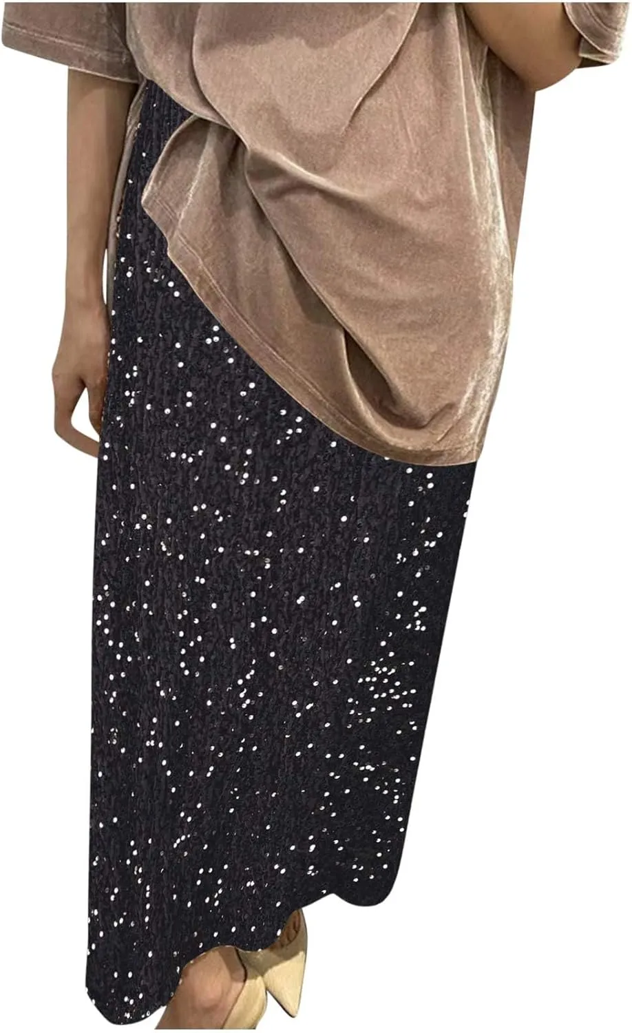 Glitter Sequin Long Skirt for Women Trendy Elastic High Waist Cocktail Party Skirts Fashion Sparkly A Line Skirts