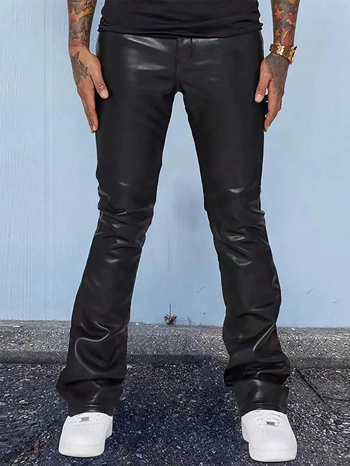 GORGLITTER Men's Casual Stacked PU Leather Flares Pants Wide Leg Skinny Motorcycle Biker Pants