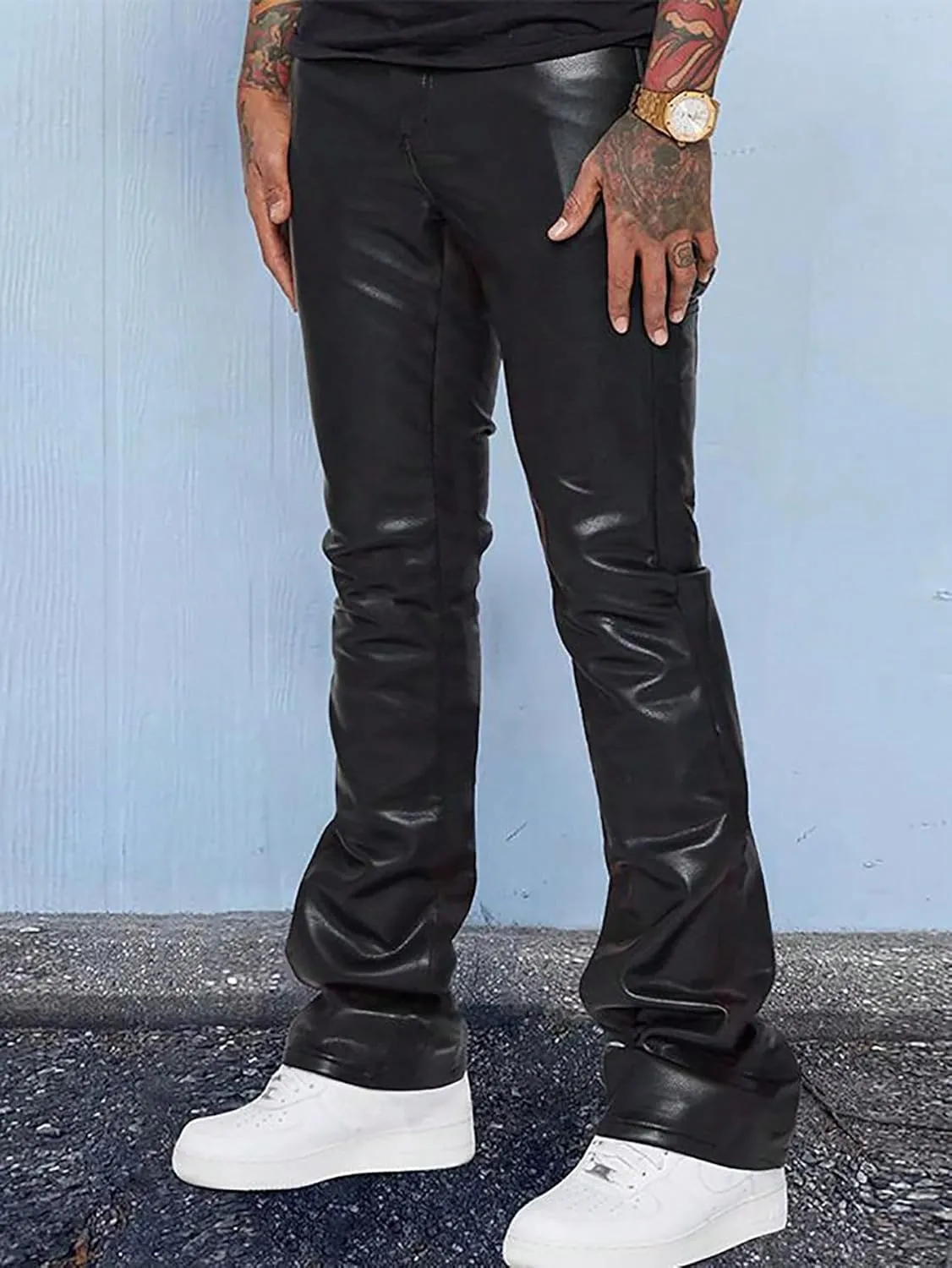 GORGLITTER Men's Casual Stacked PU Leather Flares Pants Wide Leg Skinny Motorcycle Biker Pants