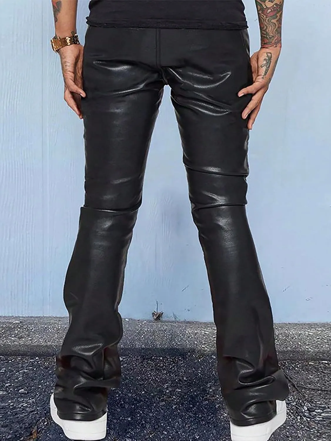 GORGLITTER Men's Casual Stacked PU Leather Flares Pants Wide Leg Skinny Motorcycle Biker Pants
