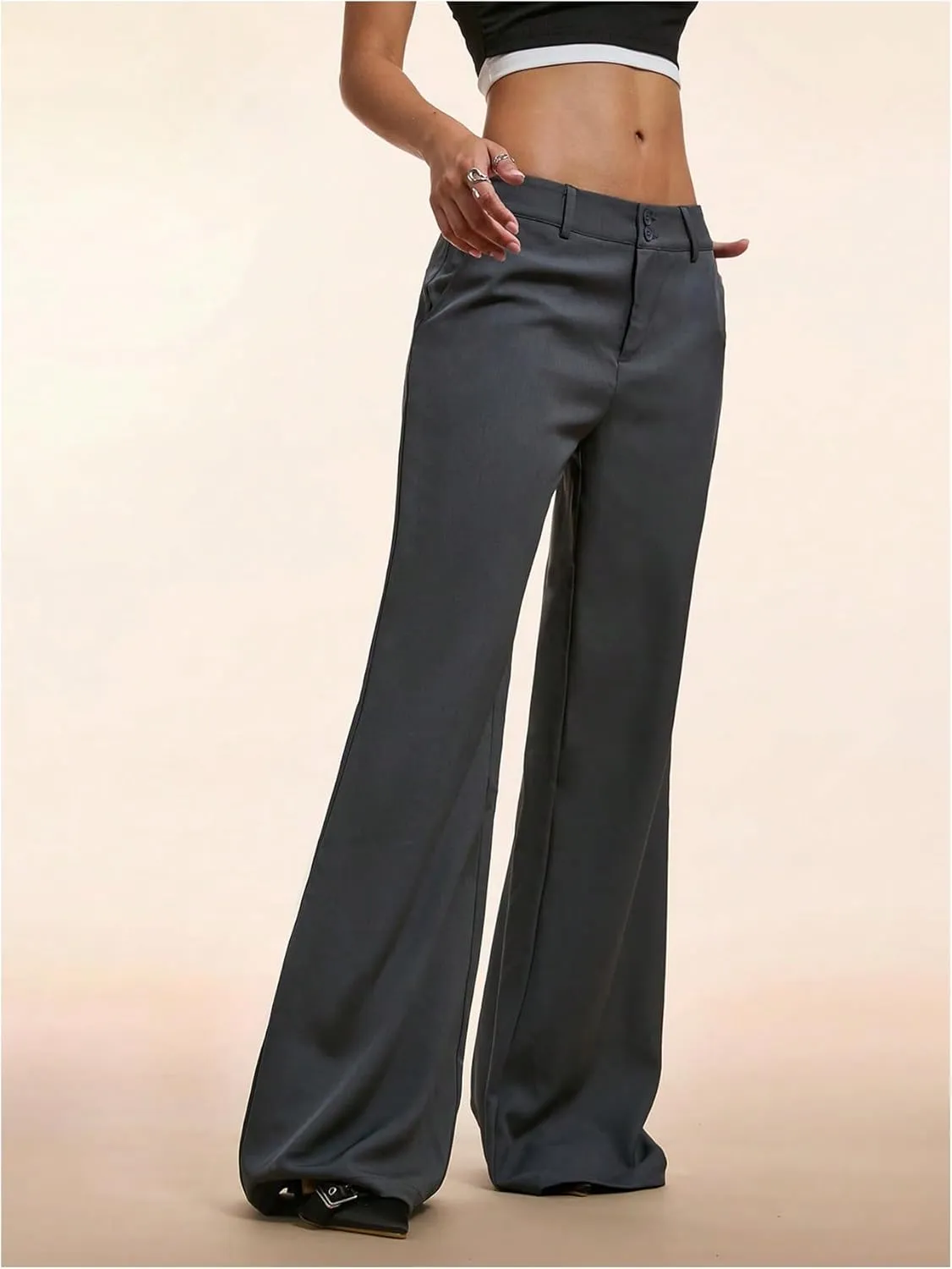 GORGLITTER Women's Low Rise Dress Pants Dressy Casual Low Waisted Wide Leg Straight Trousers Capri Pants Work Business