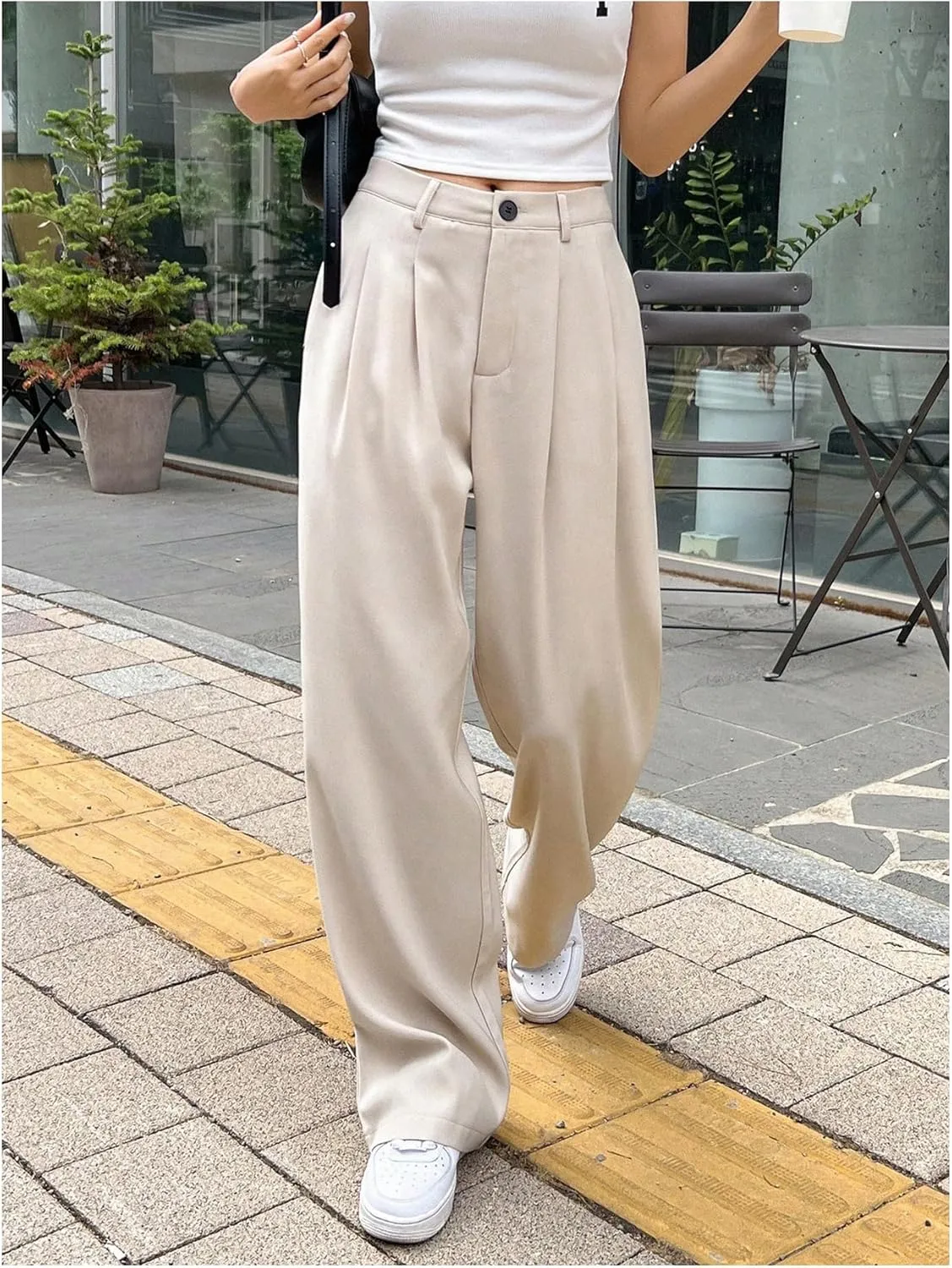 GORGLITTER Women's Low Rise Dress Pants Dressy Casual Low Waisted Wide Leg Straight Trousers Capri Pants Work Business