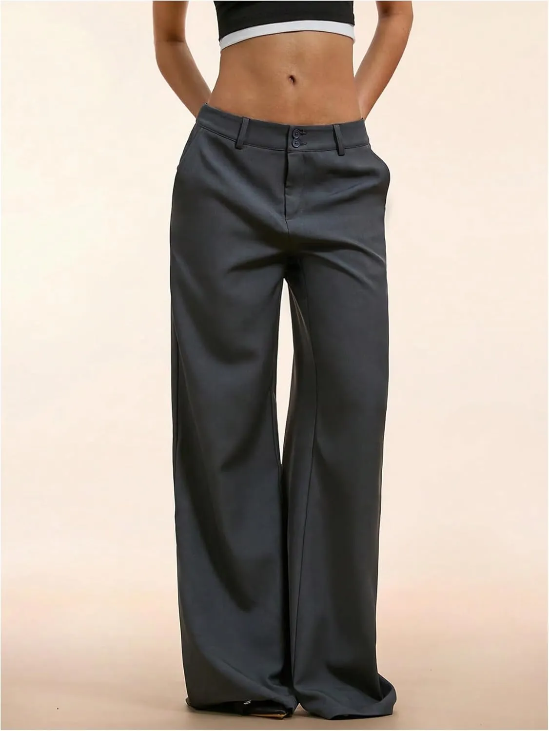 GORGLITTER Women's Low Rise Dress Pants Dressy Casual Low Waisted Wide Leg Straight Trousers Capri Pants Work Business