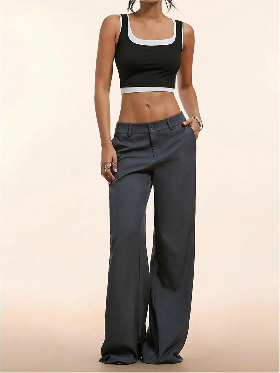GORGLITTER Women's Low Rise Dress Pants Dressy Casual Low Waisted Wide Leg Straight Trousers Capri Pants Work Business