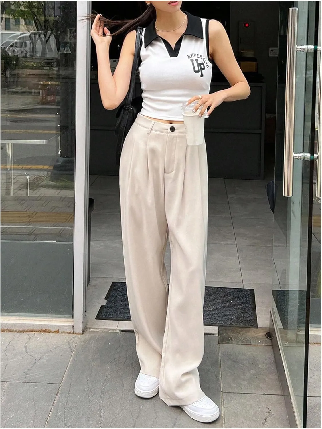 GORGLITTER Women's Low Rise Dress Pants Dressy Casual Low Waisted Wide Leg Straight Trousers Capri Pants Work Business