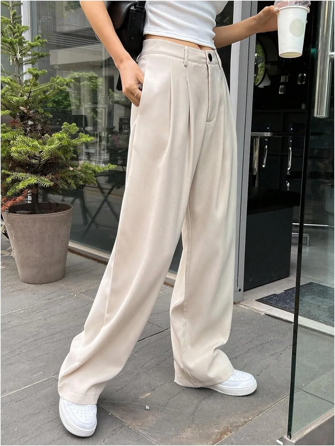 GORGLITTER Women's Low Rise Dress Pants Dressy Casual Low Waisted Wide Leg Straight Trousers Capri Pants Work Business