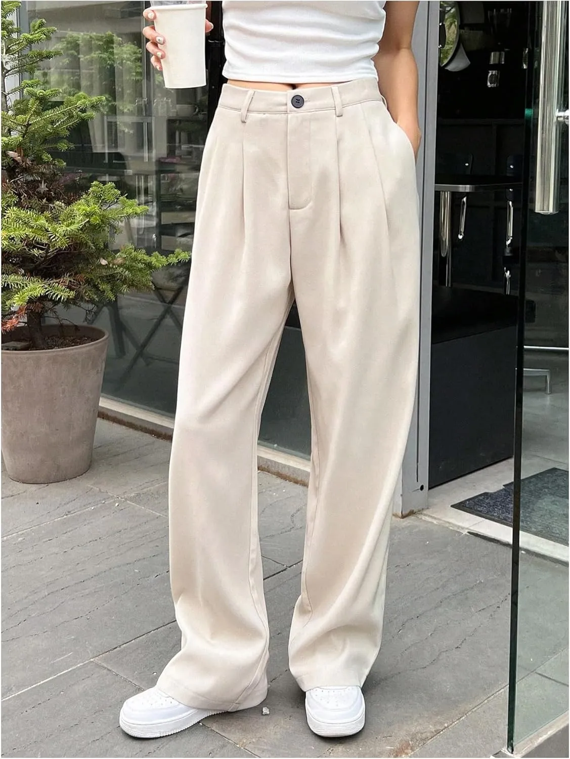 GORGLITTER Women's Low Rise Dress Pants Dressy Casual Low Waisted Wide Leg Straight Trousers Capri Pants Work Business