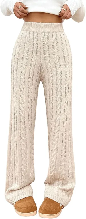 GORGLITTER Women's Solid Color Elastic High Waist Pants Straight Leg Knitted Pant Streetwear Khaki Small